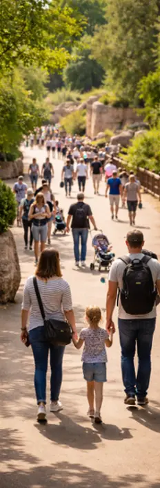 Busy family attraction entrance with visitors