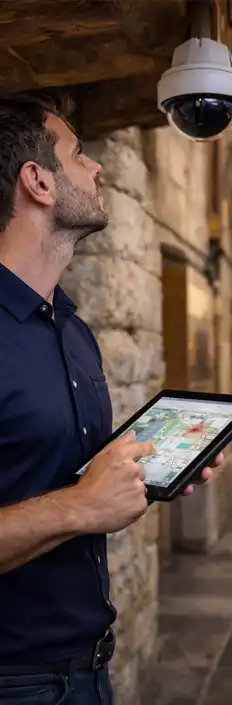 Technician conducting a Wi-Fi site survey inside a historic venue using a tablet