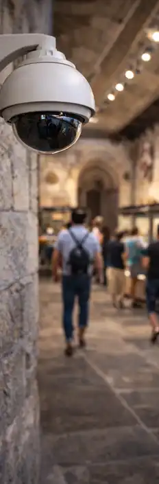 Visitors using Wi-Fi in a museum and outdoor café at a heritage visitor attraction