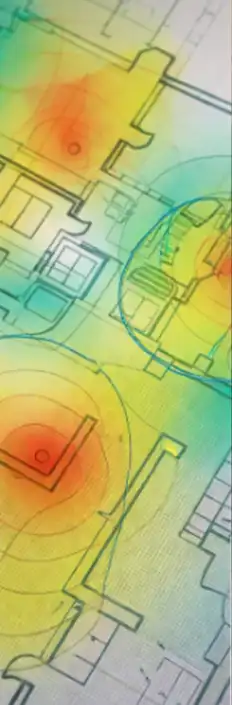 Wi-Fi coverage heatmap showing signal strength and dead zones across a venue floor plan
