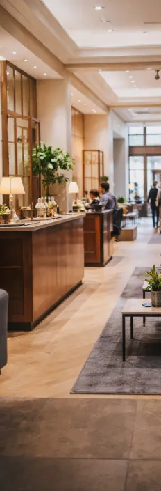 Hotel lobby with guests checking in